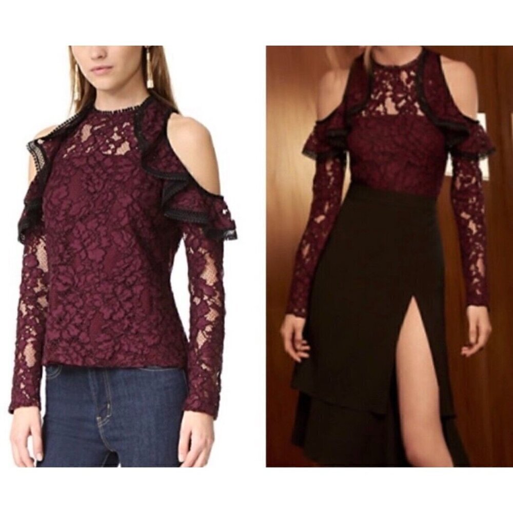 Alexis Sz XS Maroon Burgundy Wine Lace Cold Shoulder Blouse Long Sleeve